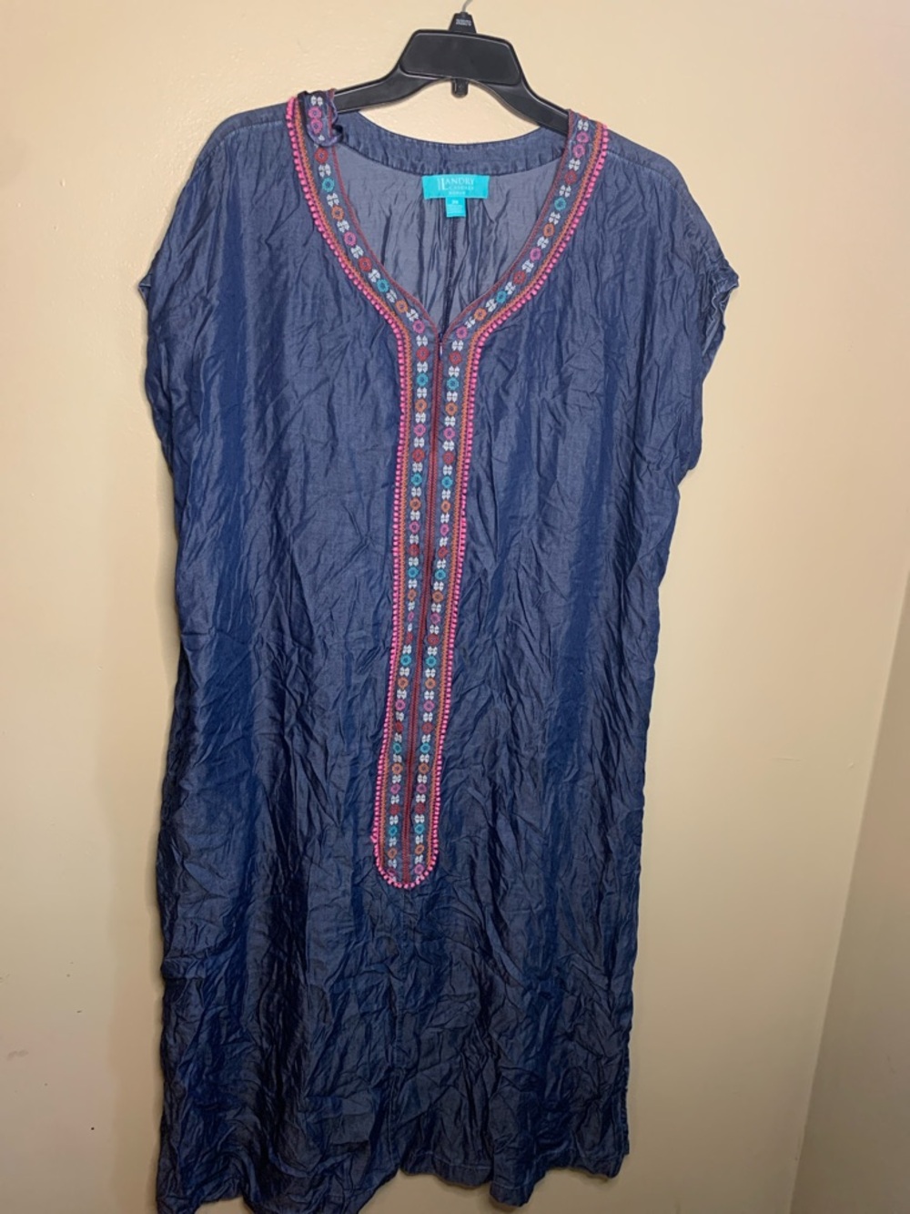 Kate Landry Navy Coverup Tunic with Pink & Turquoise Embroidery